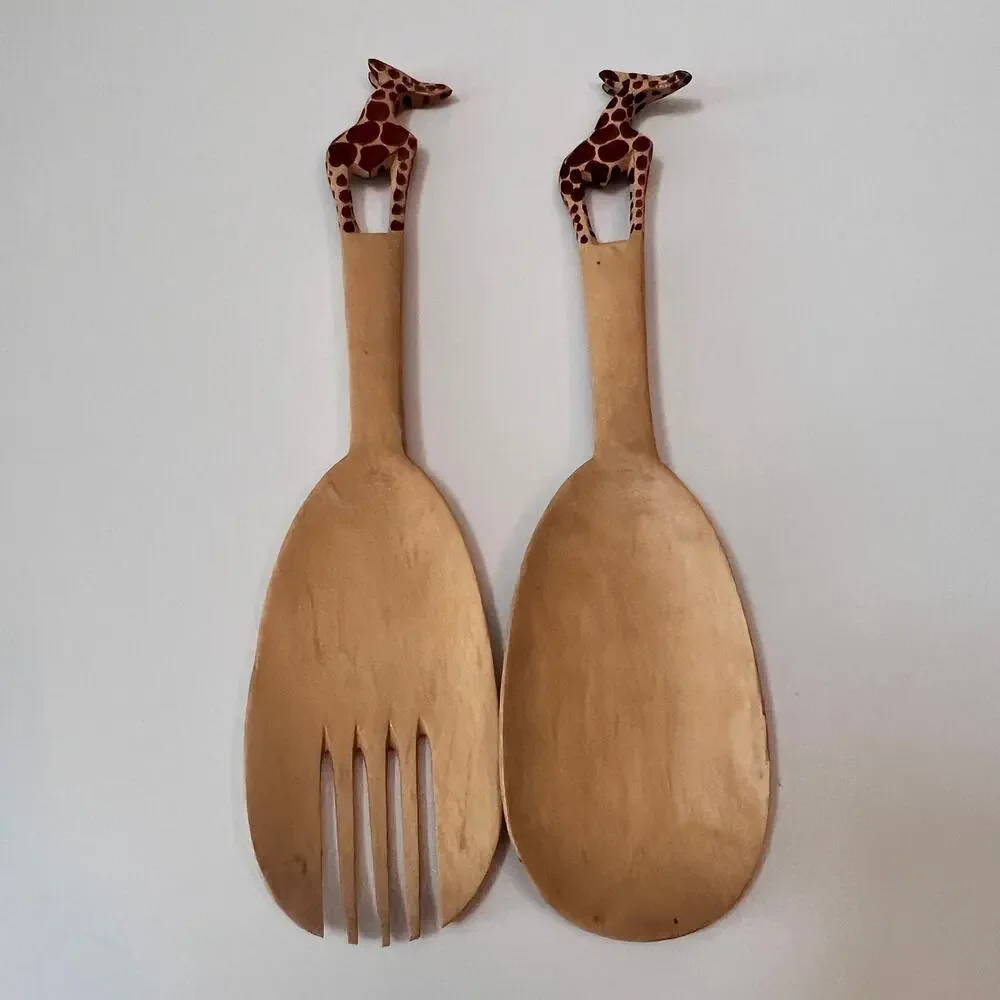 Wood Salad Server Set Giraffe Handle African Safari Spoon‎ Fork Kitchen Handmade